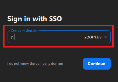 Screen shot of the Zoom SSO sign in dialog. The Company Domain field has a red rectangle around it, and it contains the value